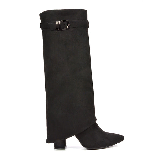 black fold over boots, black suede boots, fold over boots, suede boots, Knee-length boots for women, Modern western-inspired boots, Warm winter boots for women