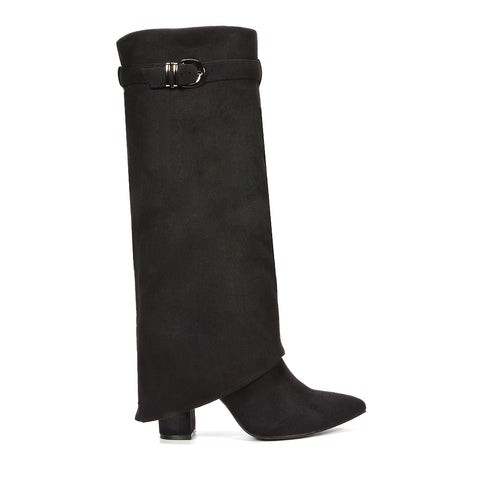 black fold over boots, black suede boots, fold over boots, suede boots, Knee-length boots for women, Modern western-inspired boots, Warm winter boots for women