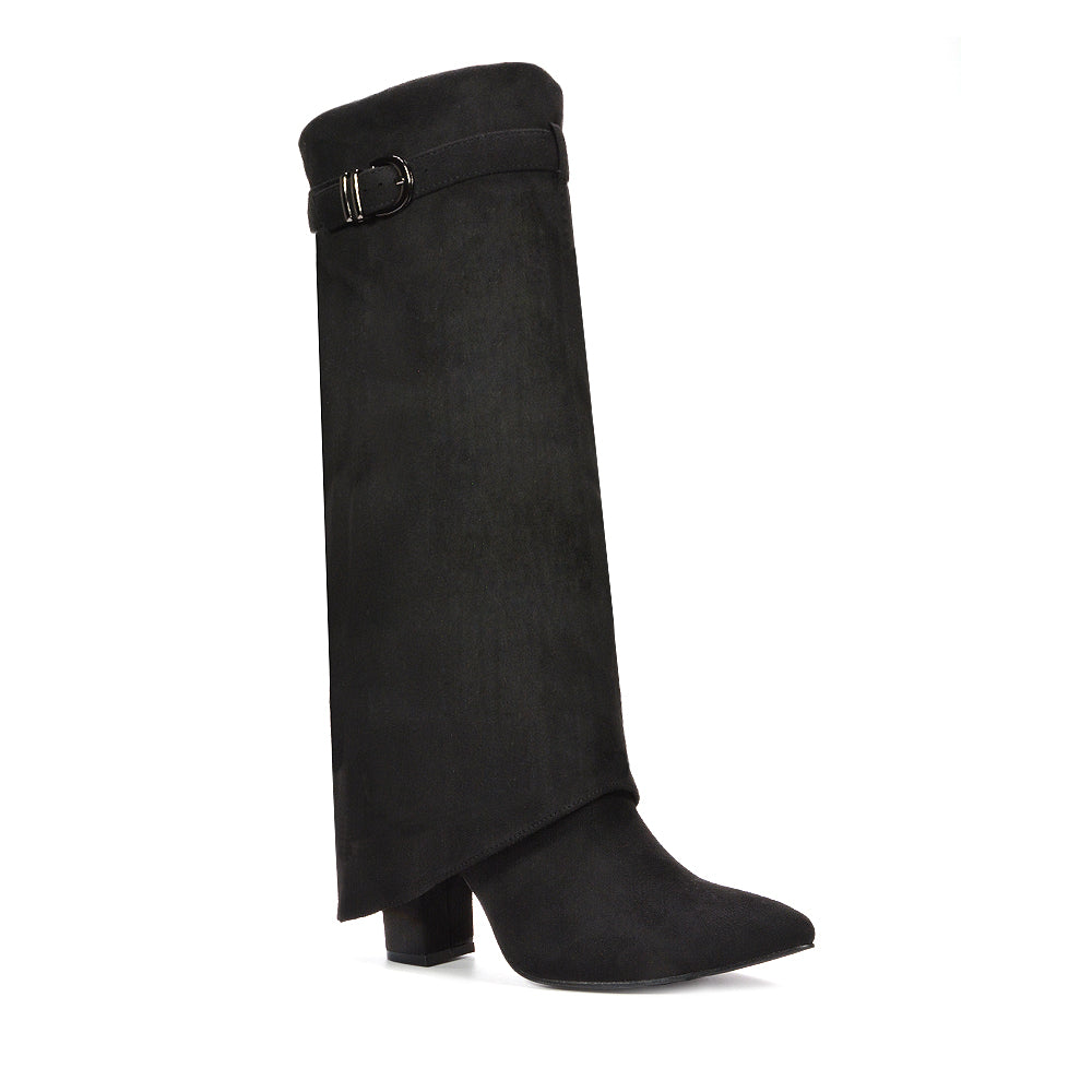 black knee high fold over boots, black heeled boots, knee high fold over boots, heeled boots, Stylish boots for young women