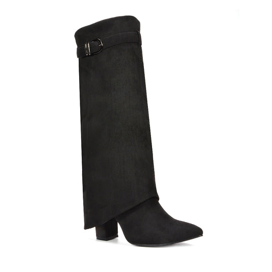black knee high fold over boots, black heeled boots, knee high fold over boots, heeled boots, Stylish boots for young women