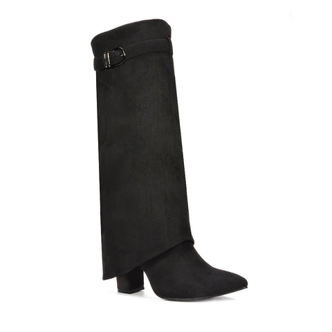 black knee high fold over boots, black heeled boots, knee high fold over boots, heeled boots, Stylish boots for young women