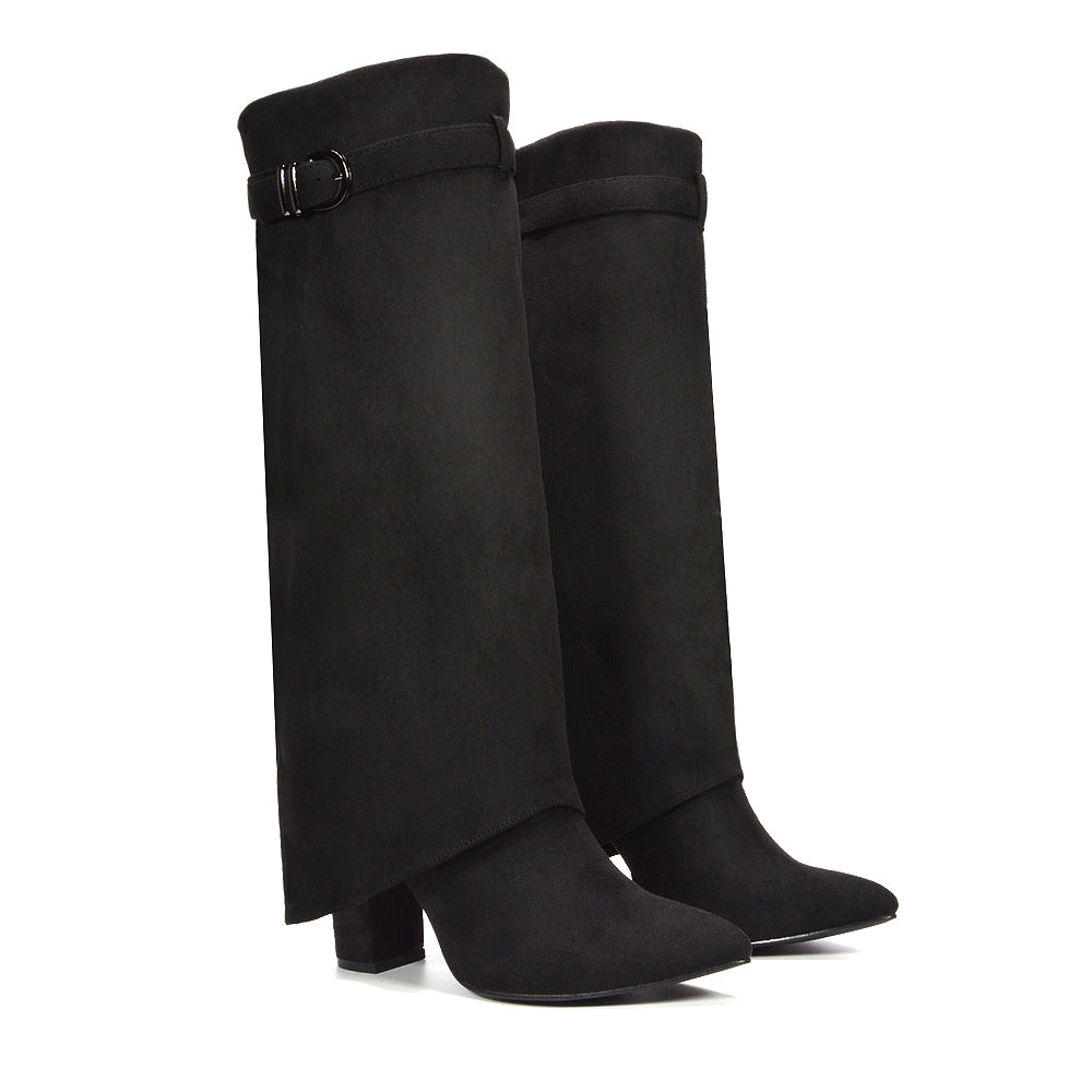 black block high heel boots, black block heeled knee high boots, fold over heeled boots, Sleek fold-over silhouette, Fold-down shaft boots, Layered shaft boots