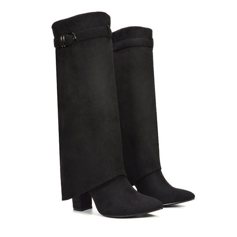 black block high heel boots, black block heeled knee high boots, fold over heeled boots, Sleek fold-over silhouette, Fold-down shaft boots, Layered shaft boots