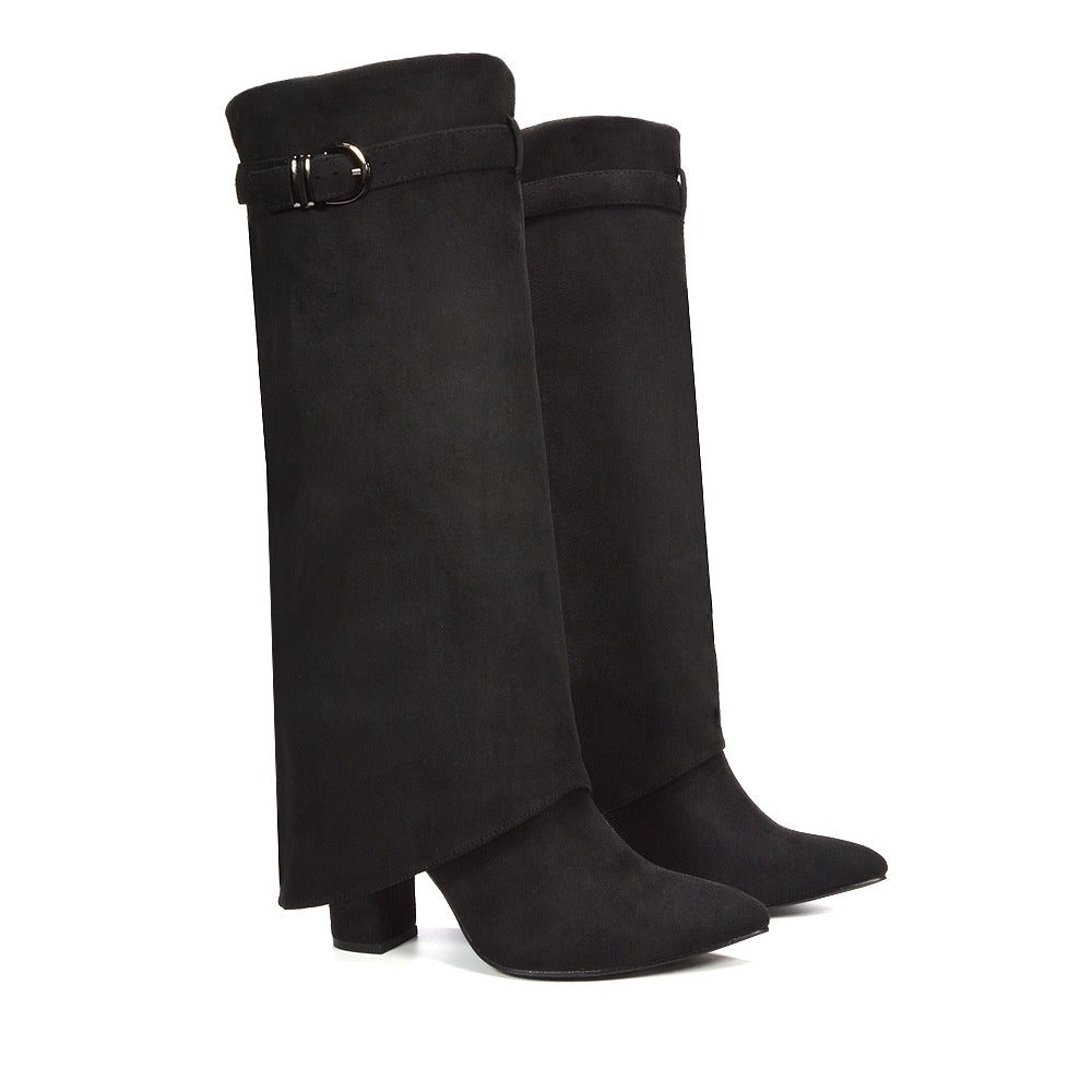 black block heeled boots, black high heel boots, Date night boots, Evening winter boots, Statement buckle boots