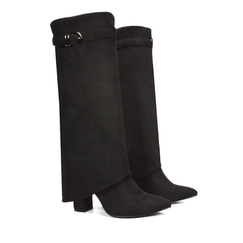 black block heeled boots, black high heel boots, Date night boots, Evening winter boots, Statement buckle boots