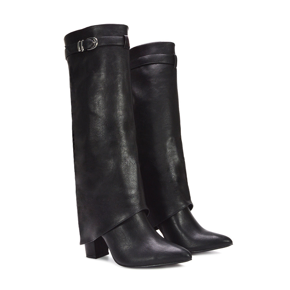 black block heeled boots, black high heel boots, Date night boots, Evening winter boots, Statement buckle boots