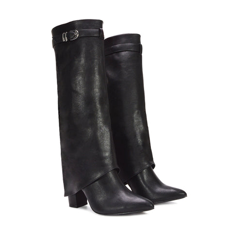 black block heeled boots, black high heel boots, Date night boots, Evening winter boots, Statement buckle boots