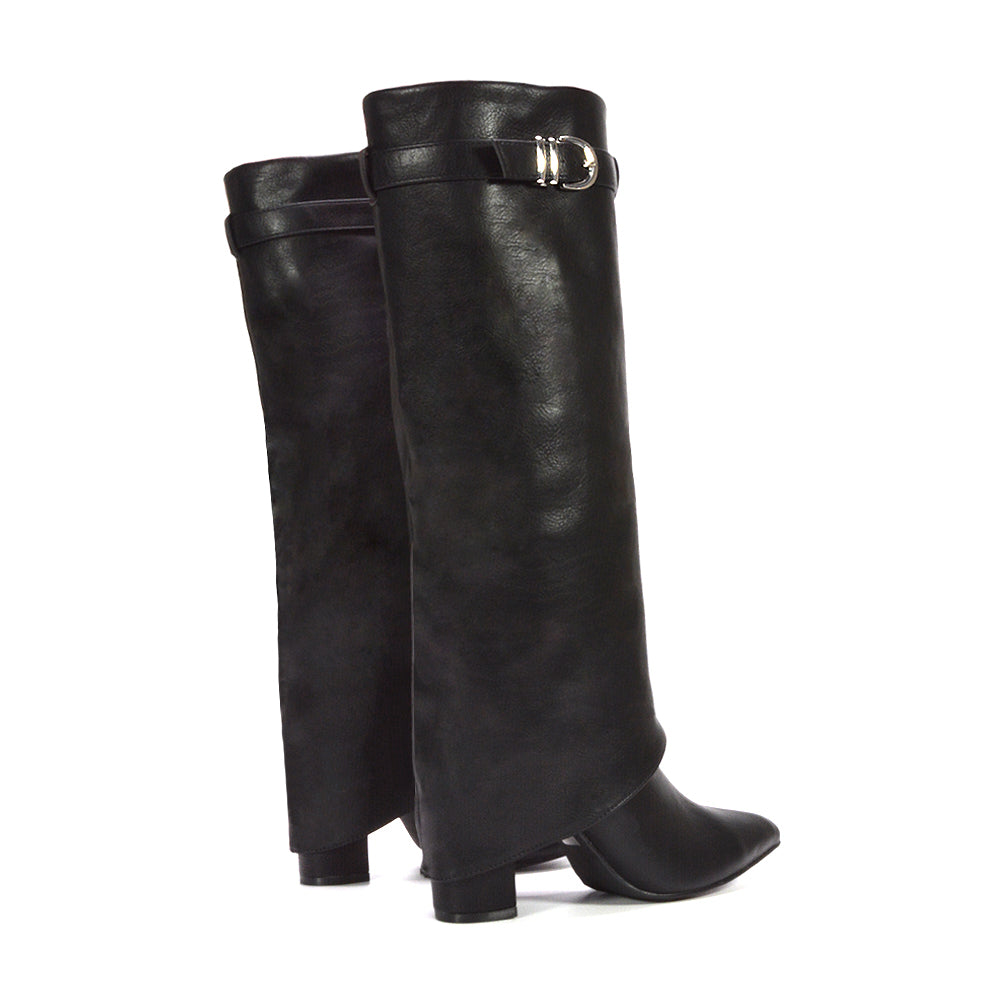 black knee high fold over boots, black heeled boots, knee high fold over boots, heeled boots, Stylish boots for young women