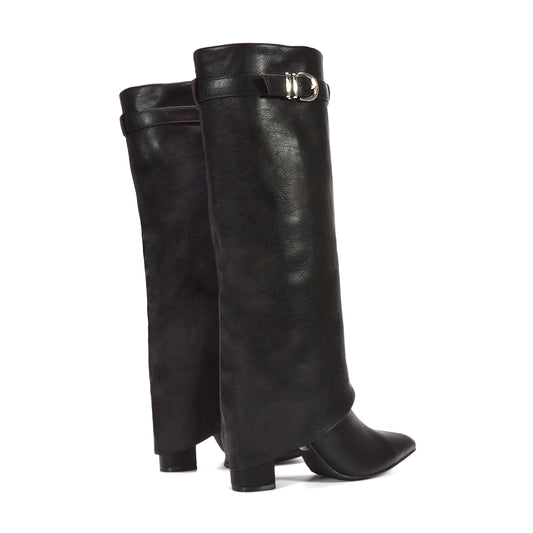 black knee high fold over boots, black heeled boots, knee high fold over boots, heeled boots, Stylish boots for young women