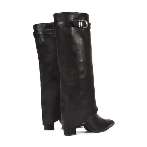 black knee high fold over boots, black heeled boots, knee high fold over boots, heeled boots, Stylish boots for young women