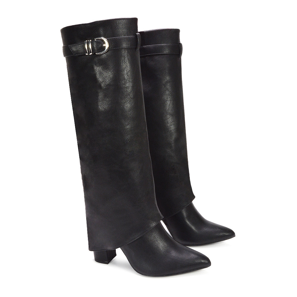 black block high heel boots, black block heeled knee high boots, fold over heeled boots, Sleek fold-over silhouette, Fold-down shaft boots, Layered shaft boots