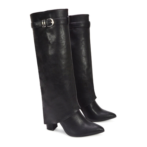 black block high heel boots, black block heeled knee high boots, fold over heeled boots, Sleek fold-over silhouette, Fold-down shaft boots, Layered shaft boots