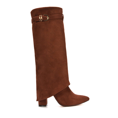 brown fold over boots, brown suede boots, fold over boots, suede boots, Knee-length boots for women, Modern western-inspired boots, Warm winter boots for women, buckle boots, women's buckle boots, fold over heeled boots, women's fold over boots