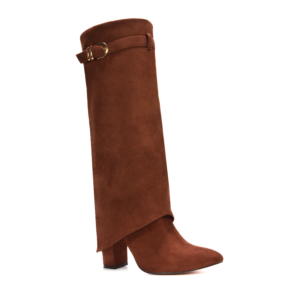 brown knee high fold over boots, brown heeled boots, knee high fold over boots, heeled boots, Stylish boots for young women