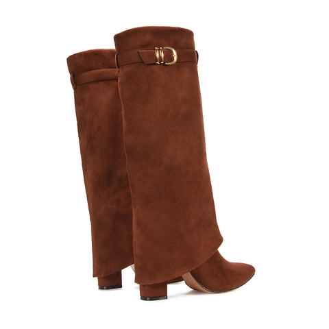 brown block heeled boots, brown high heel boots, Date night boots, Evening winter boots, Statement buckle boots