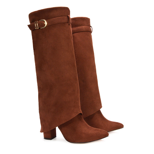 brown block high heel boots, brown block heeled knee high boots, fold over heeled boots, Sleek fold-over silhouette, Fold-down shaft boots, Layered shaft boots
