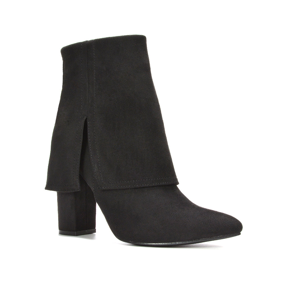 black fold over boots, black fold over ankle boots, fold over boots, fold over ankle boots, Block heel boots, Foldover pointed toe ankle boots for women, Casual everyday heeled boots