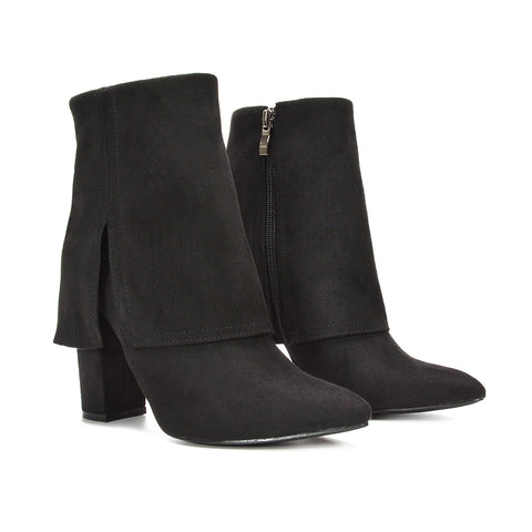 black block heeled boots, black heeled boots, block heeled boots, heeled boots, Pointed toe boots, Faux suede zip-up ankle boots, Date night heeled booties