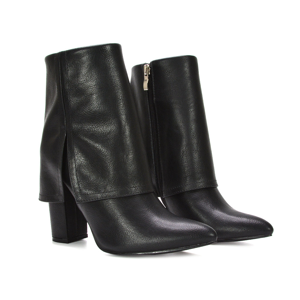 black fold over boots, black fold over ankle boots, fold over boots, fold over ankle boots, Block heel boots, Foldover pointed toe ankle boots for women, Casual everyday heeled boots