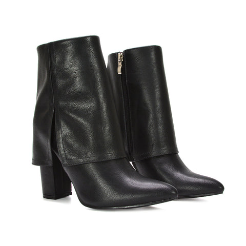 black fold over boots, black fold over ankle boots, fold over boots, fold over ankle boots, Block heel boots, Foldover pointed toe ankle boots for women, Casual everyday heeled boots