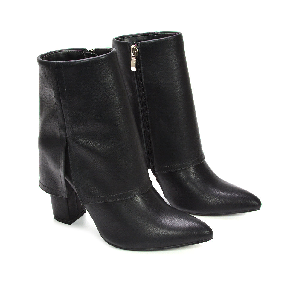 black block heeled boots, black heeled boots, block heeled boots, heeled boots, Pointed toe boots, Faux suede zip-up ankle boots, Date night heeled booties