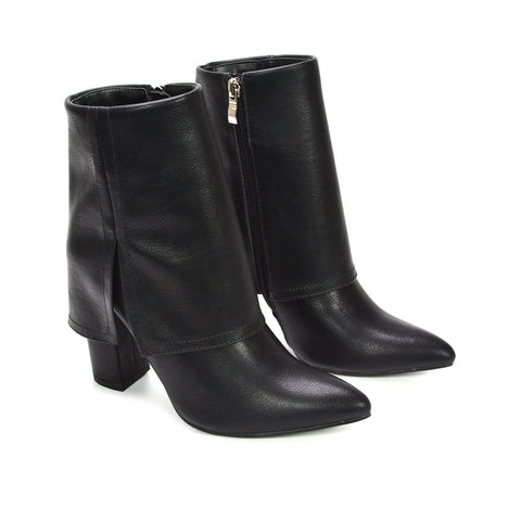 black block heeled boots, black heeled boots, block heeled boots, heeled boots, Pointed toe boots, Faux suede zip-up ankle boots, Date night heeled booties