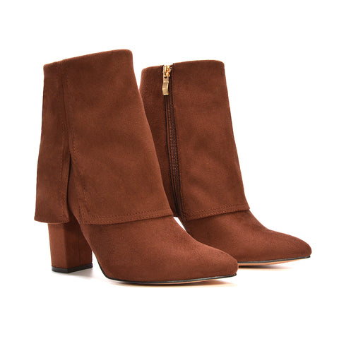 brown block heeled boots, brown heeled boots, block heeled boots, heeled boots, Pointed toe boots, Faux suede zip-up ankle boots, Date night heeled booties