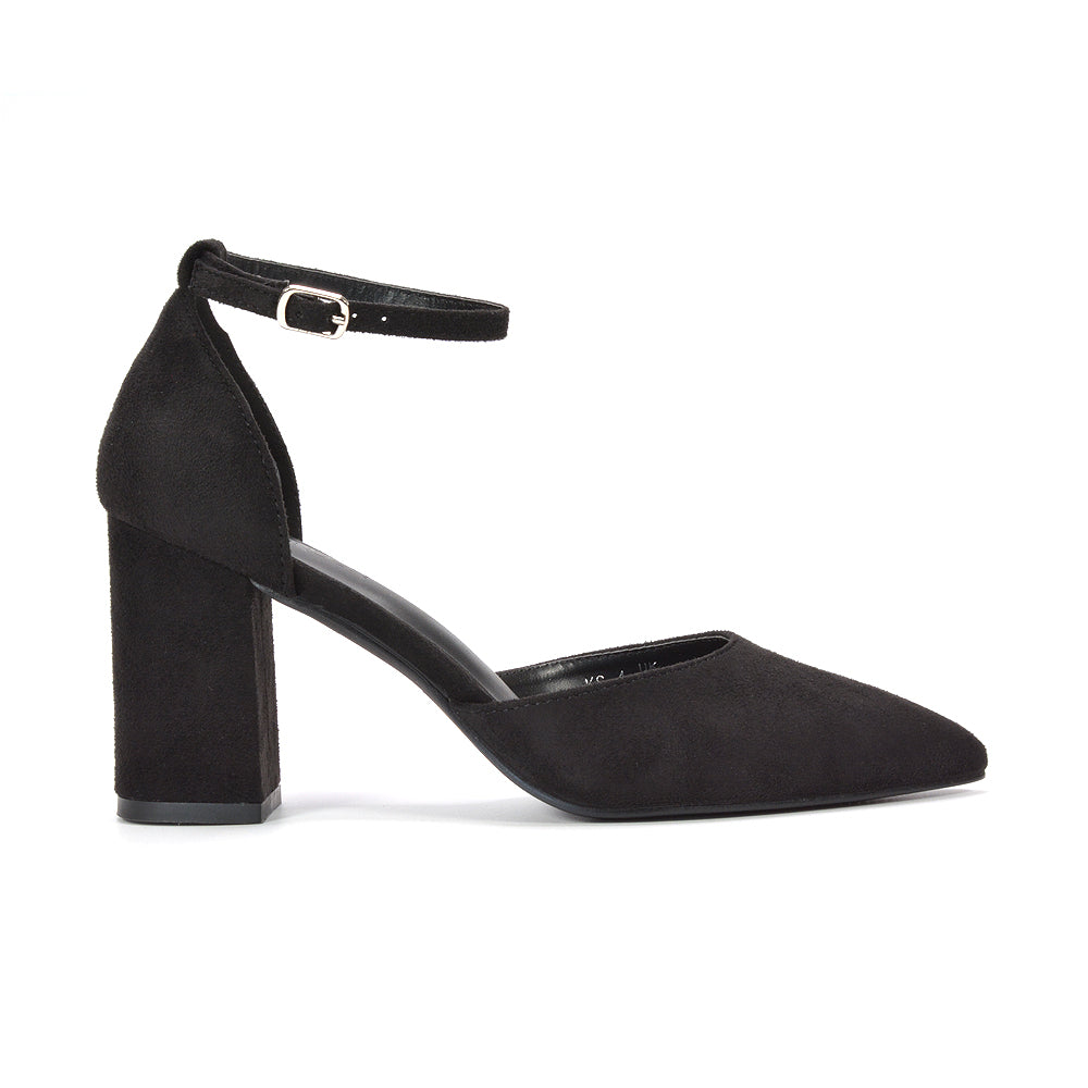 women’s black pointed toe block heel pumps, black pointed toe heels with ankle strap for women, women’s black ankle strap block heels, black block heel wedding shoes for women