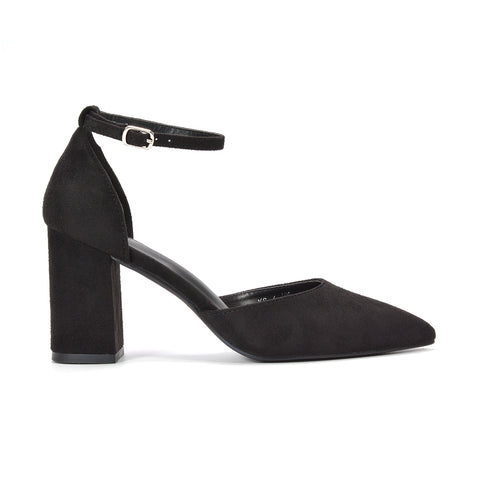women’s black pointed toe block heel pumps, black pointed toe heels with ankle strap for women, women’s black ankle strap block heels, black block heel wedding shoes for women