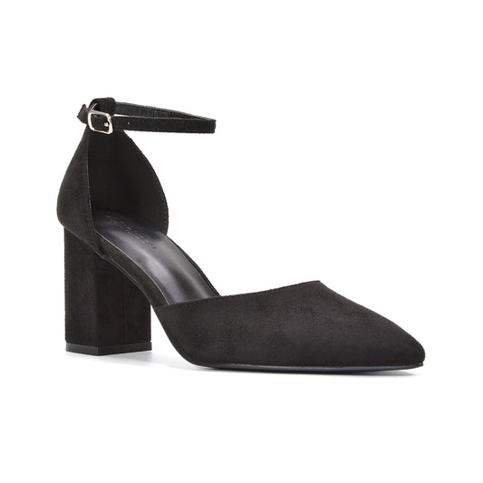 women’s black pointed toe wedding heels, black women’s dress shoes with block heel, women’s black formal pumps with ankle strap, black pointed toe party heels for women