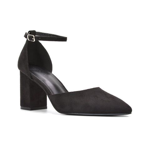 women’s black pointed toe wedding heels, black women’s dress shoes with block heel, women’s black formal pumps with ankle strap, black pointed toe party heels for women