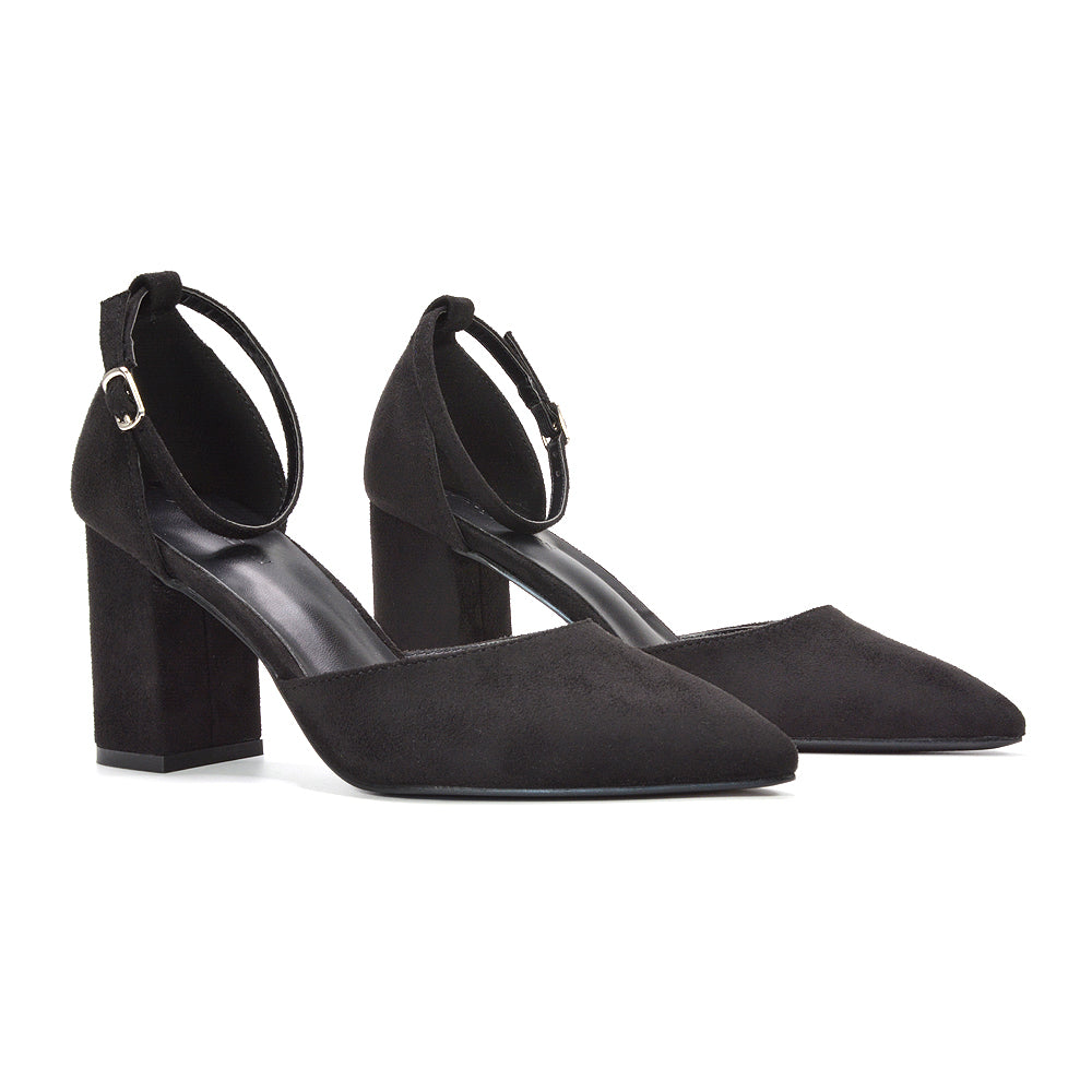 women’s black heels for wedding guests, black bridesmaid shoes with block heel, women’s black ankle strap pumps for weddings, elegant black pointed toe heels for women