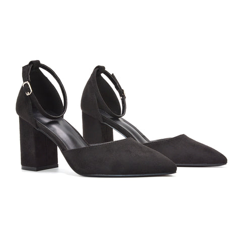 women’s black heels for wedding guests, black bridesmaid shoes with block heel, women’s black ankle strap pumps for weddings, elegant black pointed toe heels for women