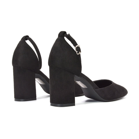 women’s black chunky heel pumps, black closed toe block heels for women, women’s black dress pumps for formal occasions, black pointed toe pumps with adjustable ankle strap