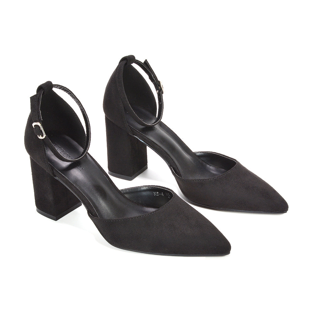 women’s black wedding guest shoes with block heel, black formal heels for women with ankle strap, women’s black party shoes with pointed toe, classic black pointed toe pumps for women