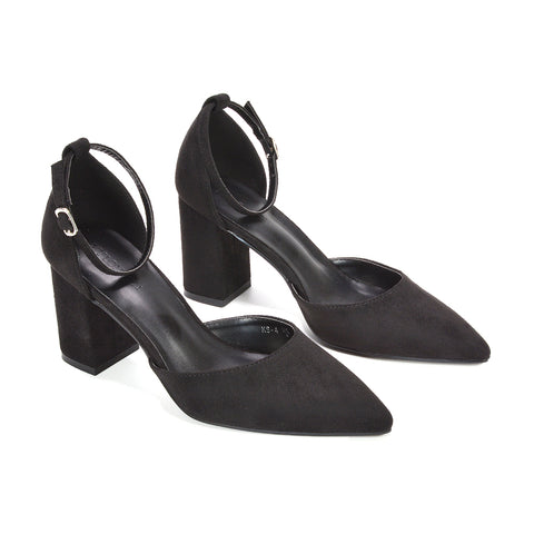 women’s black wedding guest shoes with block heel, black formal heels for women with ankle strap, women’s black party shoes with pointed toe, classic black pointed toe pumps for women