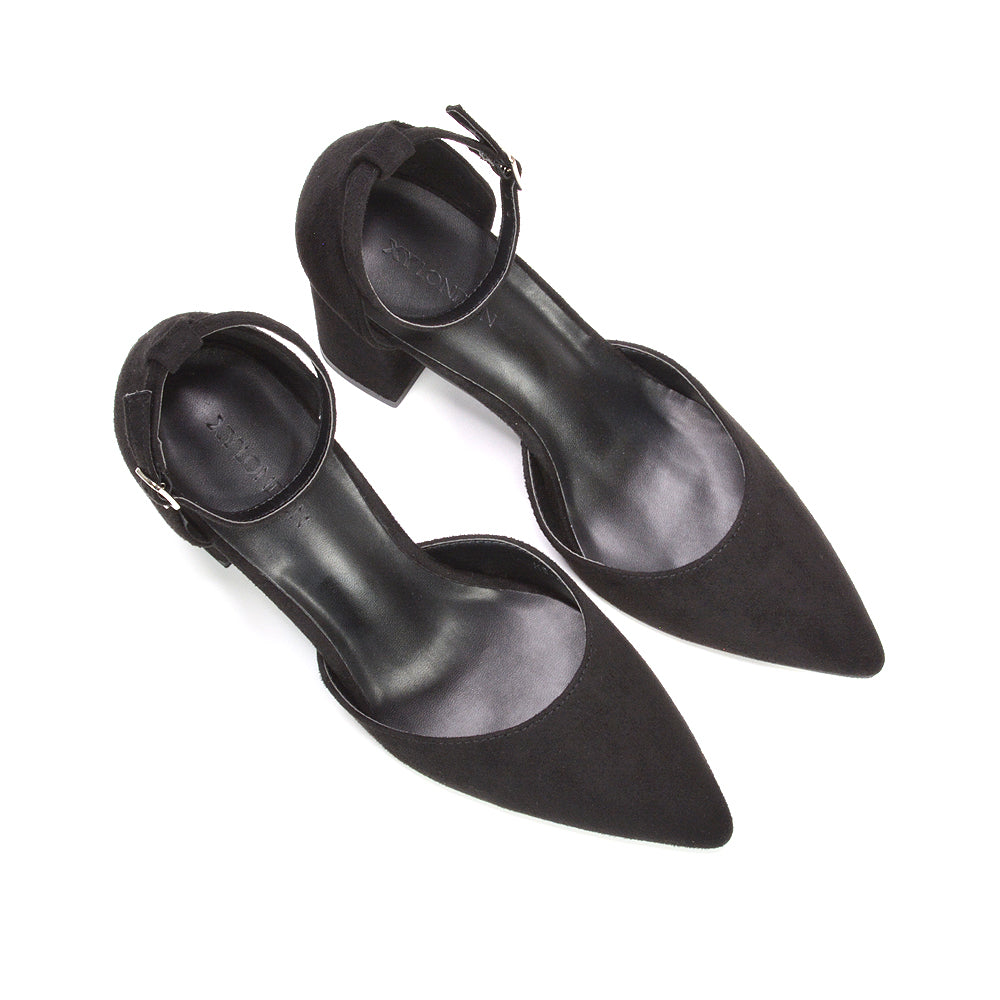 best black pointed toe block heels for women attending a wedding, elegant black ankle strap heels for weddings and formal events, comfortable black block heels for women wedding guests, black pointed toe heels that pair with formal dresses