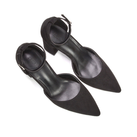best black pointed toe block heels for women attending a wedding, elegant black ankle strap heels for weddings and formal events, comfortable black block heels for women wedding guests, black pointed toe heels that pair with formal dresses