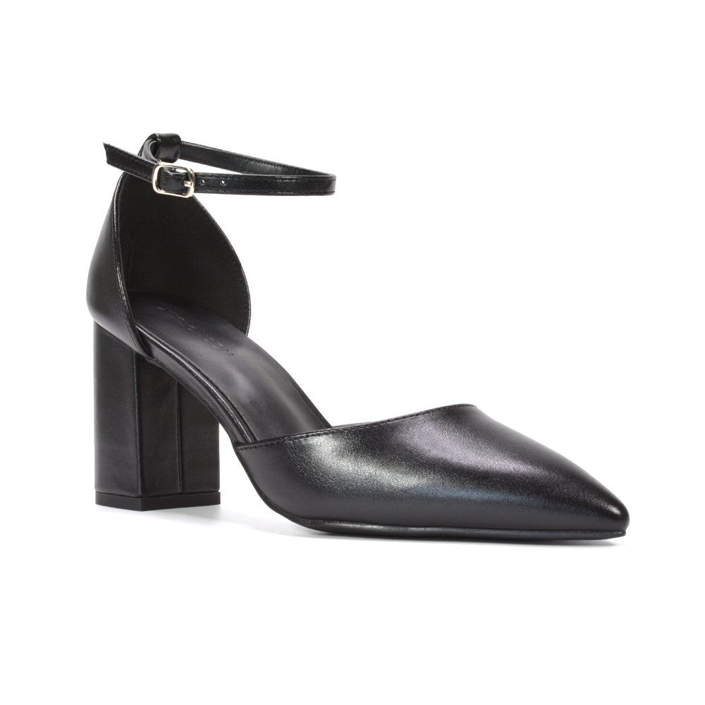 black women’s ankle strap dress pumps, black pointed toe heels for women formal wear, black women’s block heel pumps for weddings, black ankle strap heels for wedding guest