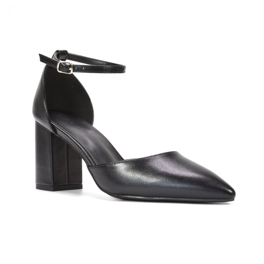 black women’s ankle strap dress pumps, black pointed toe heels for women formal wear, black women’s block heel pumps for weddings, black ankle strap heels for wedding guest