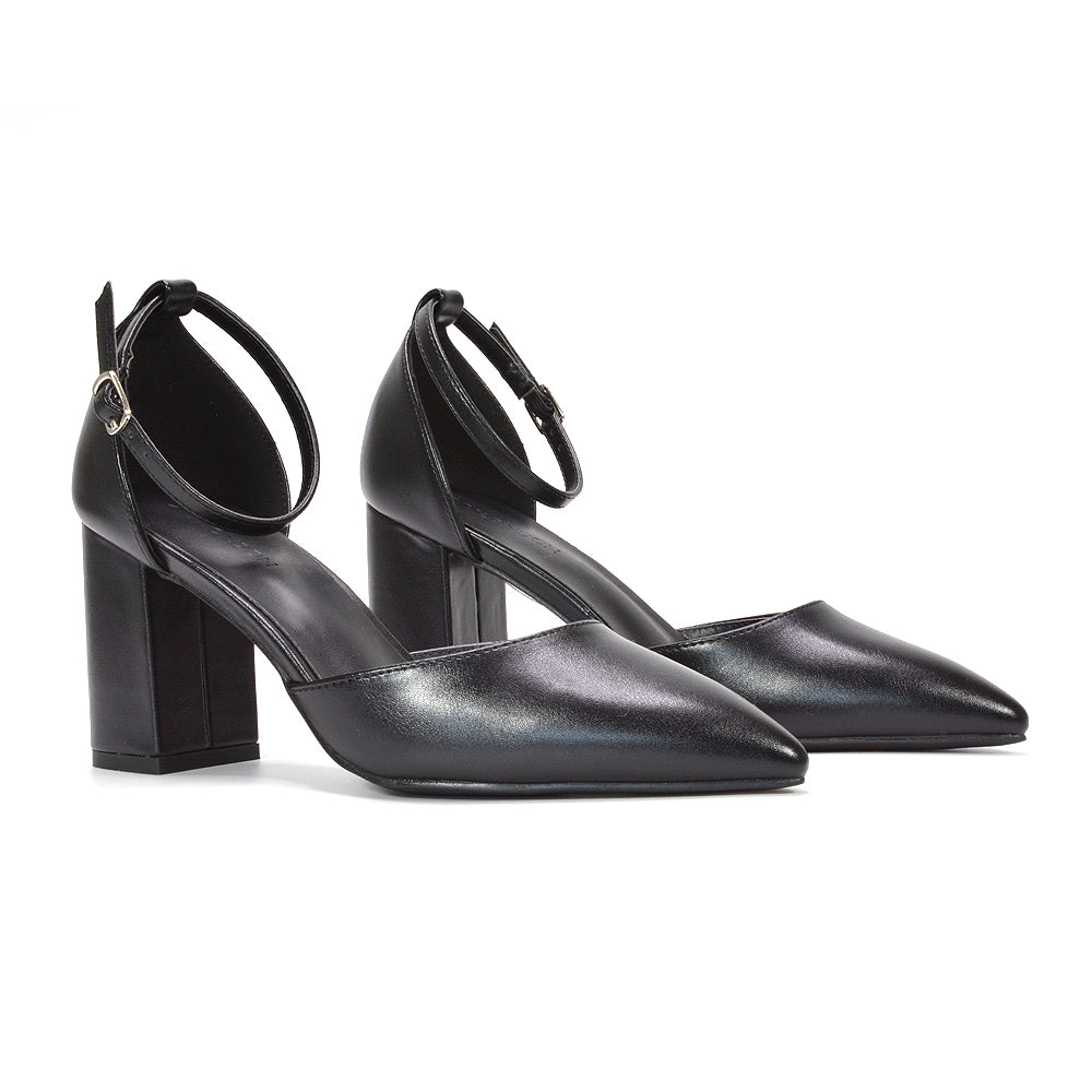 black pointed toe pumps for wedding guest women, black women’s formal block heel shoes, black women’s dress heels with ankle strap, black women’s pointed toe party shoes