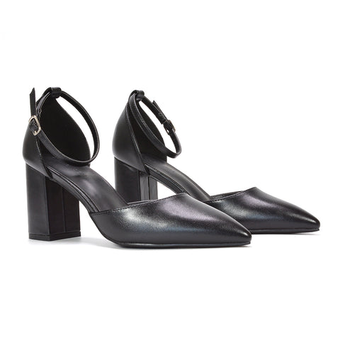 black pointed toe pumps for wedding guest women, black women’s formal block heel shoes, black women’s dress heels with ankle strap, black women’s pointed toe party shoes