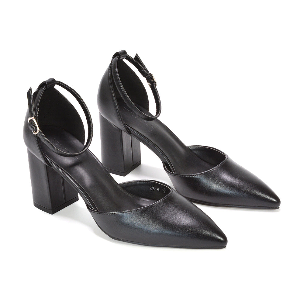 black women’s closed toe ankle strap heels, black women’s formal pointed toe pumps, black women’s comfortable block heel dress shoes, black women’s sophisticated pointed toe heels