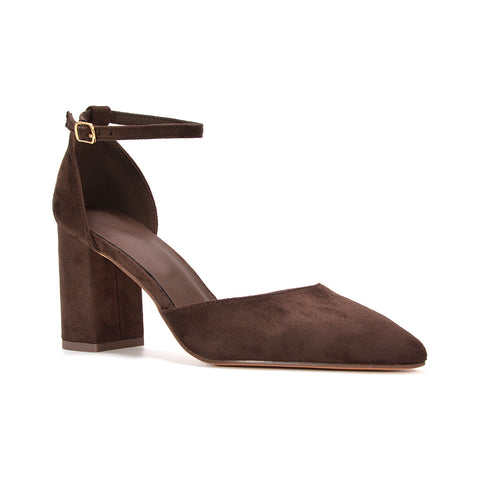 women’s brown pointed toe wedding heels, brown women’s dress shoes with block heel, women’s brown formal pumps with ankle strap, brown pointed toe party heels for women
