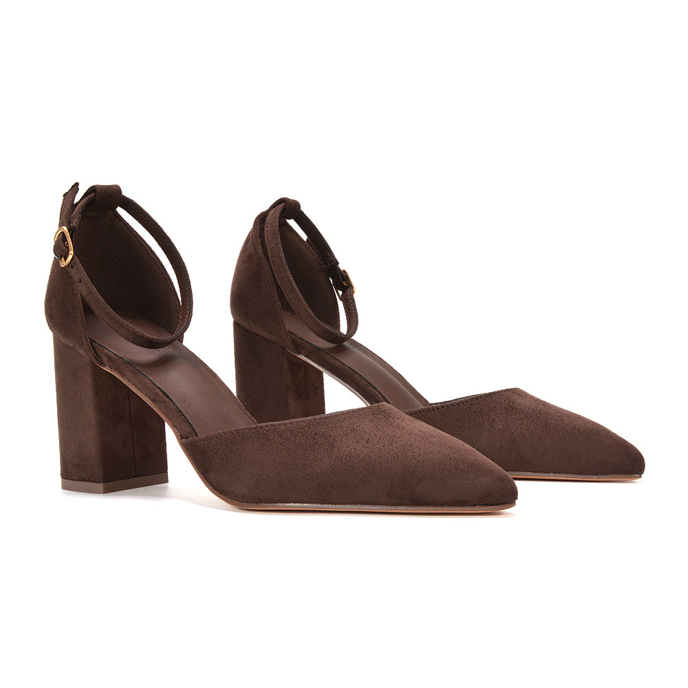 women’s brown heels for wedding guests, brown bridesmaid shoes with block heel, women’s brown ankle strap pumps for weddings, elegant brown pointed toe heels for women