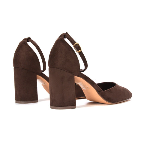 women’s brown chunky heel pumps, brown closed toe block heels for women, women’s brown dress pumps for formal occasions, brown pointed toe pumps with adjustable ankle strap