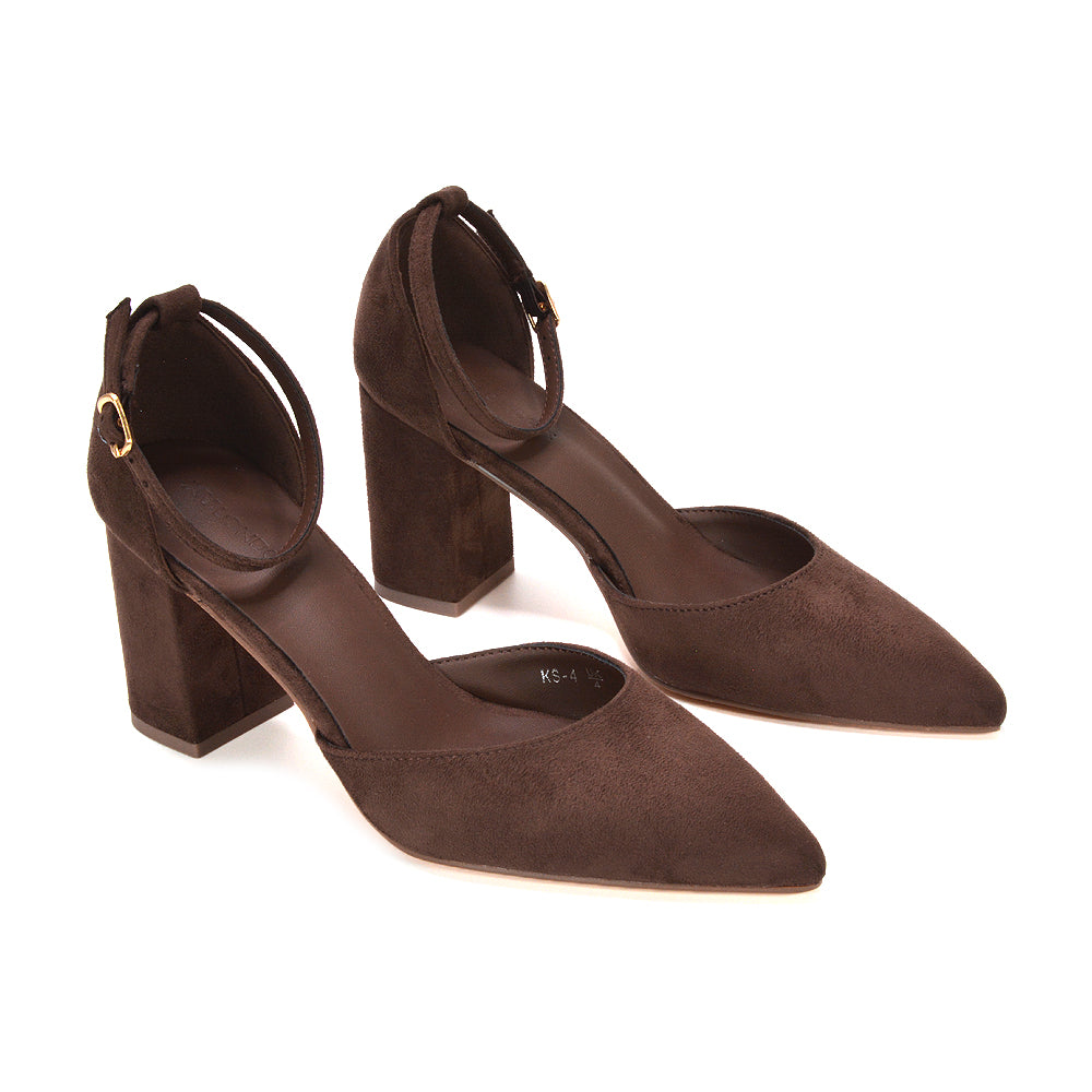 brown ankle strap pumps for bridesmaids, women’s brown block heels for evening wear, brown pointed toe dress shoes for women, women’s brown heels for dinner parties and weddings