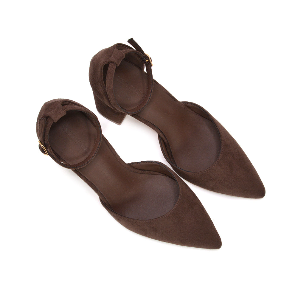best brown pointed toe block heels for women attending a wedding, elegant brown ankle strap heels for weddings and formal events, comfortable brown block heels for women wedding guests, brown pointed toe heels that pair well with formal dresses
