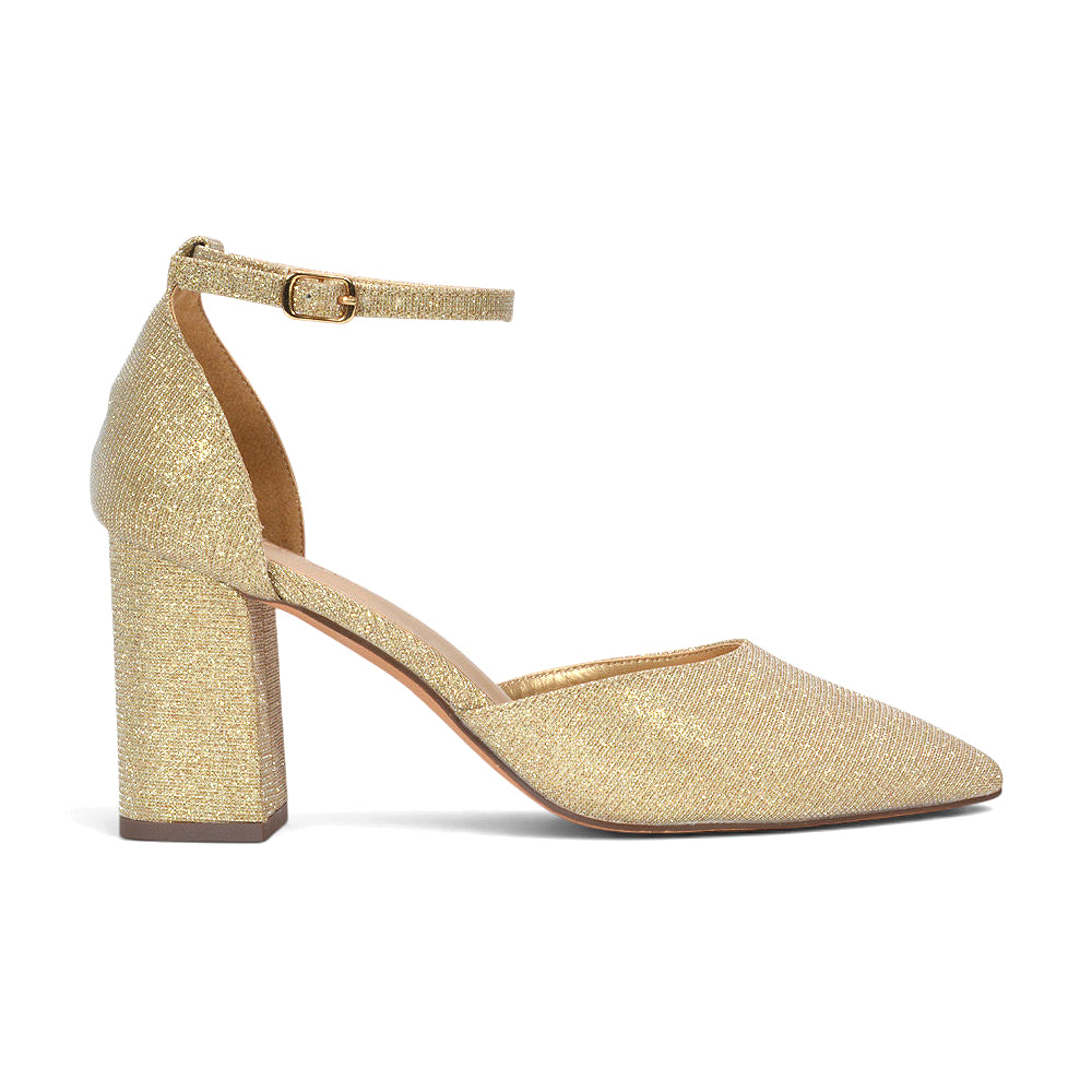 women’s gold glitter pointed toe block heel pumps, gold glitter pointed toe heels with ankle strap for women, women’s gold glitter ankle strap block heels, gold glitter block heel wedding shoes for women