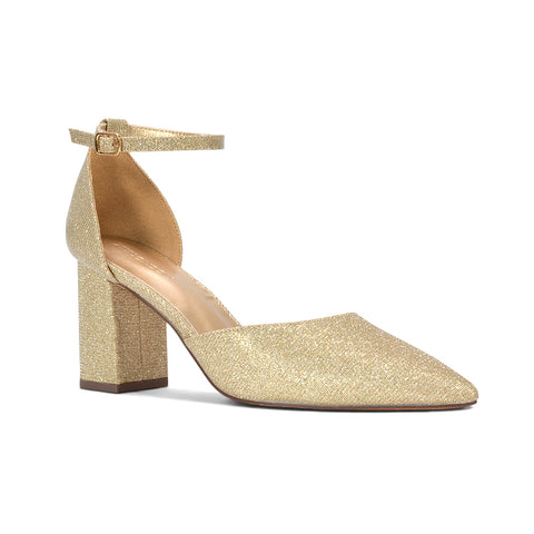 women’s gold glitter pointed toe wedding heels, gold glitter women’s dress shoes with block heel, women’s gold glitter formal pumps with ankle strap, gold glitter pointed toe party heels for women